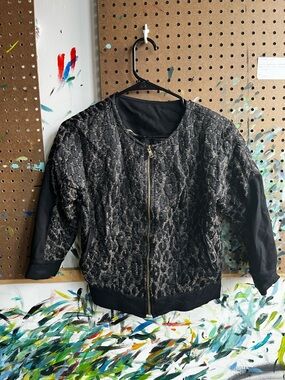 Woven Metallic-Accent Bomber Jacket - Black